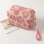 Plush Makeup Bags with Handle Soft Travel Cosmetic Storage Bag Portable Love Print Organizer Pencil Case Cute Clutch Pouch