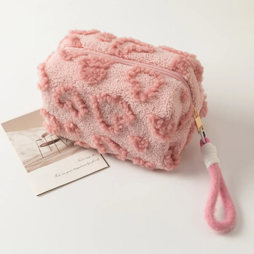 Plush Makeup Bags with Handle Soft Travel Cosmetic Storage Bag Portable Love Print Organizer Pencil Case Cute Clutch Pouch